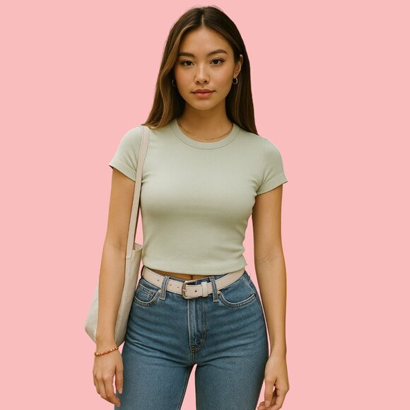 Brandy Melville Sage Green Fitted Crop Tee – 100% Cotton (Made in Europe) - Picture 1 of 6